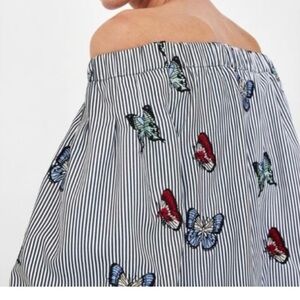 Zara Striped Off-Shoulder Top with Butterfly Print